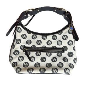 Vtg Dooney & Bourke Monogram Shoulder Bag Purse Ivory Black Leather Trim 10.5x15